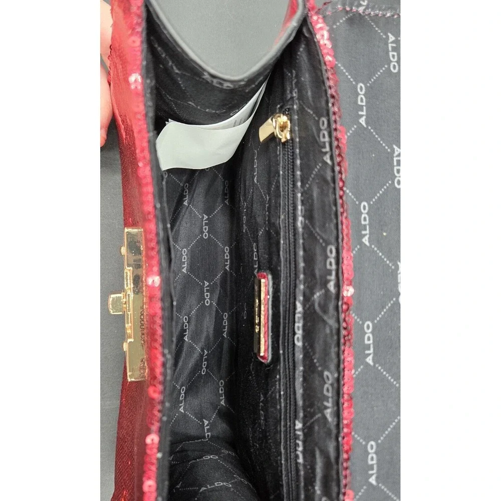 Aldo Red Sequent Handbag W/ Yellow Metal Chain Adjustable‎ Evening Event Purse